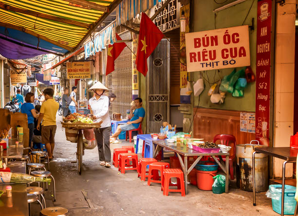 vendedor ambulante passando pelo mercado de alimentos de hanói - vietnam asia hanoi street - fotografias e filmes do acervo
