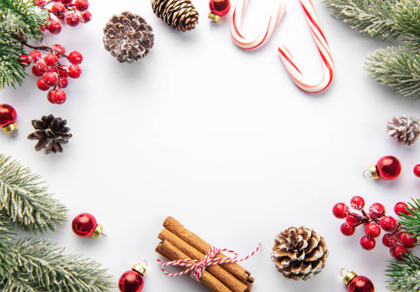 istock Christmas background with fir tree and decor. Top view with copy space 1444728076
