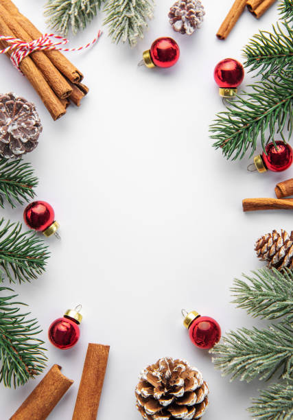 istock Christmas background with fir tree and decor. Top view with copy space 1444728261