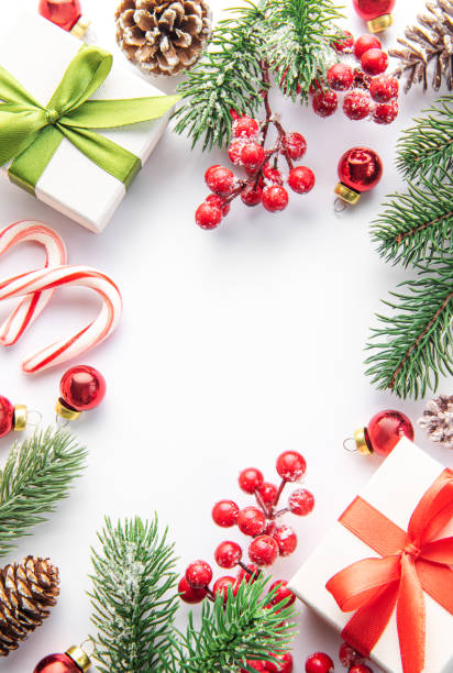 istock Christmas background with fir tree and decor. Top view with copy space 1444728272