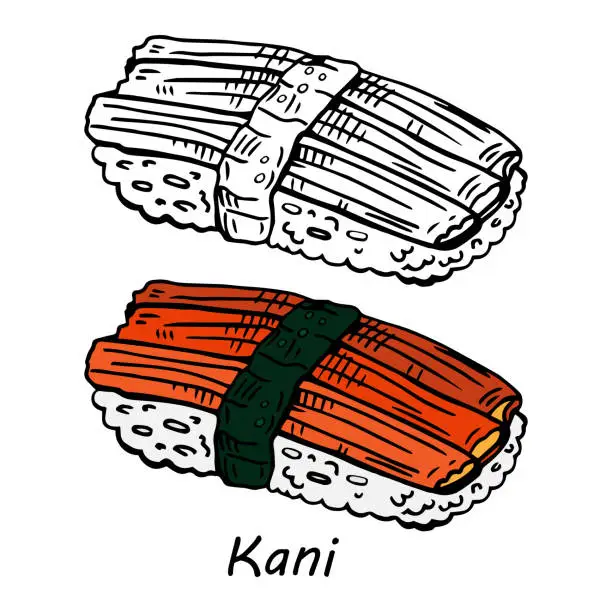 Vector illustration of Sushi crab stick (kani nigiri) on white background