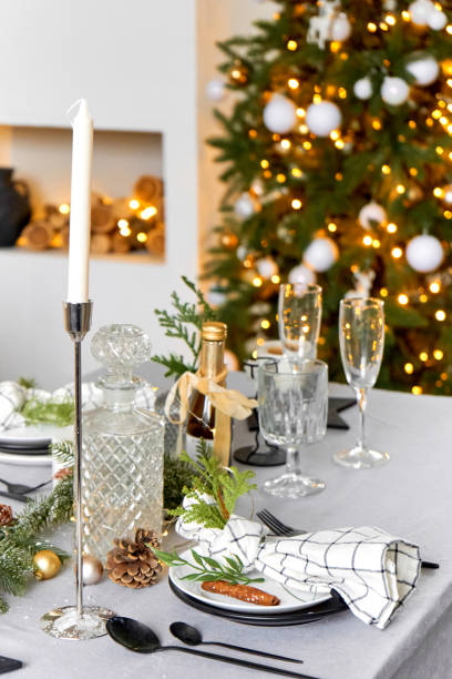 istock Light festive Christmas interior, set table for a festive dinner 1444730454