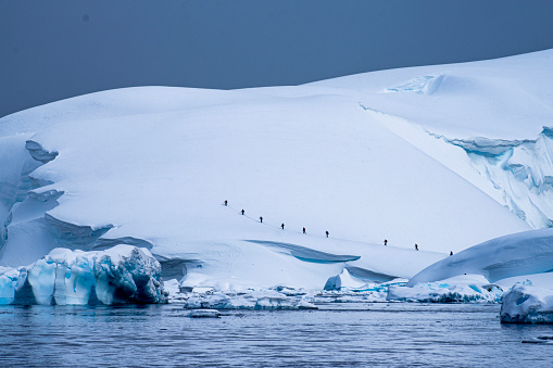 People making their way up the snowy Enterprise Island in Antarctica.
