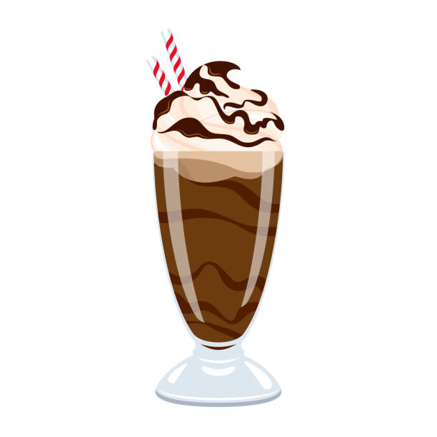 Chocolate milkshake with whipped cream icon vector Chocolate milkshake with whipped cream and chocolate topping vector isolated on a white background. Glass of cocoa milk drink drawing chocolate shake stock illustrations