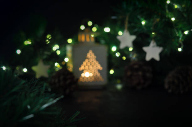 Christmas background with branches, cones, garland and Christmas decorations. Horizontal photo.