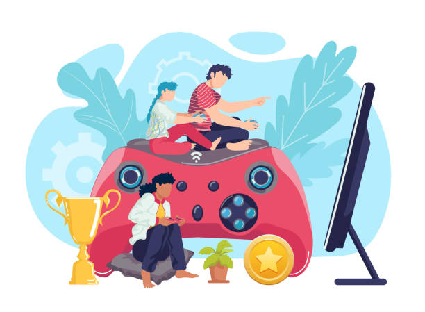 Video game entertainment with joystick, vector illustration. Boy girl child gamer at flat home play with console, controller. vector art illustration
