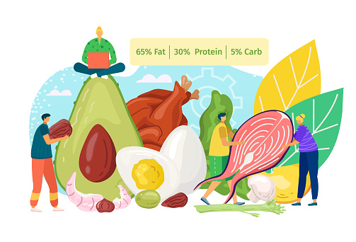 Ketogenic food and diet healthy nutrition concept, vector illustration. Flat protein, meat, egg, fish eating at keto cartoon lifestyle. Flat health at ketones by product, avocado and organic carb.