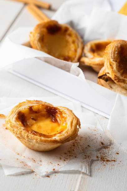 istock Portuguese egg custard tart pastry dusted with cinnamon. Pasteis de Belem on white background. 1444738369