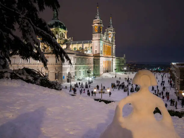 Almudena cathedral with snow. Madrid. Spain