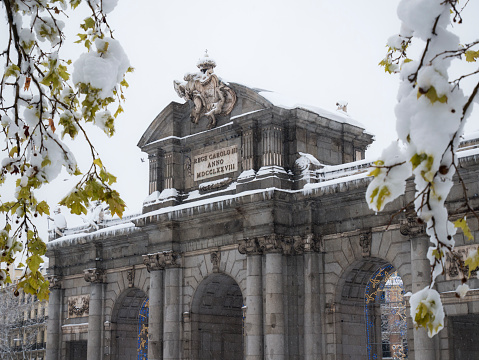 Alcalá gate with snow. Madrid. Spain