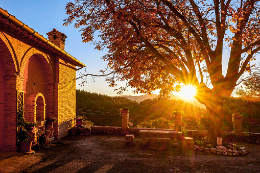 Gualdo Tadino, Umbria, Italy, November 23 -- A suggestive sunset light envelops a tree and a stone house in the medieval village of Gualdo Tadino, in the region of Umbria, enhancing the autumn colors of nature. The Umbria region, considered the green lung of Italy for its wooded mountains, is characterized by a perfect integration between nature and the presence of man, in a context of environmental sustainability and healthy life. In addition to its immense artistic and historical heritage, Umbria is famous for its food and wine production and for the high quality of the olive oil produced in these lands. Wide angle image in high definition format.