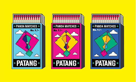 illustration in Matchbox or matches vector illustration. Vintage and antique packaging design. makar sankranti, Kite (patang), uttarayan icon. retro style packaging old style design. open box template