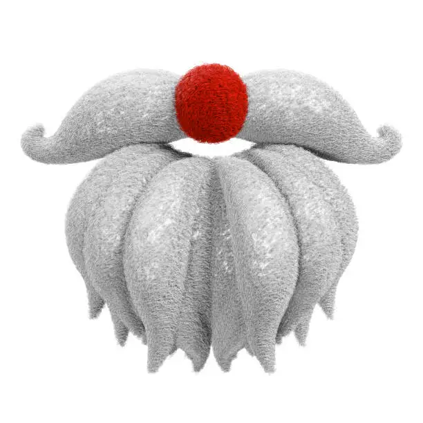 Christmas holiday-themed 3D rendering of Santa's beard, mustache, and red-nose mask, isolated on a white background.