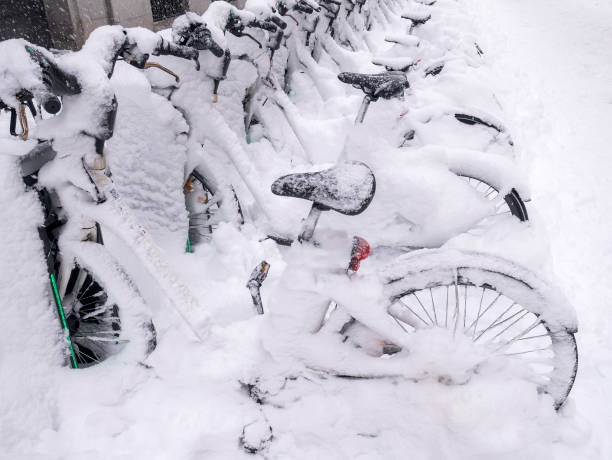 istock Transport public bicycles with snow. Madrid. Spain 1444741023