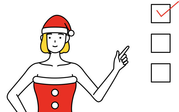 stockillustraties, clipart, cartoons en iconen met simple line drawing illustration of a woman dressed as santa claus pointing to a checklist. - boegbeeld model