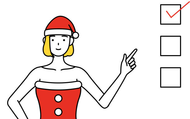 Simple line drawing illustration of a woman dressed as Santa Claus pointing to a checklist. Simple line drawing illustration of a woman dressed as Santa Claus pointing to a checklist. spokesmodel stock illustrations