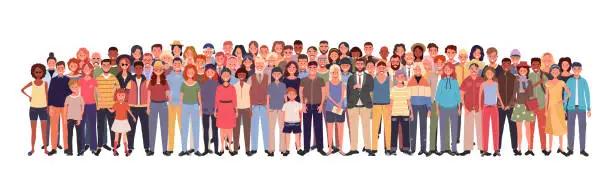 Vector illustration of Multinational large group of people isolated on white background. Children, adults and teenagers stand together. Vector illustration