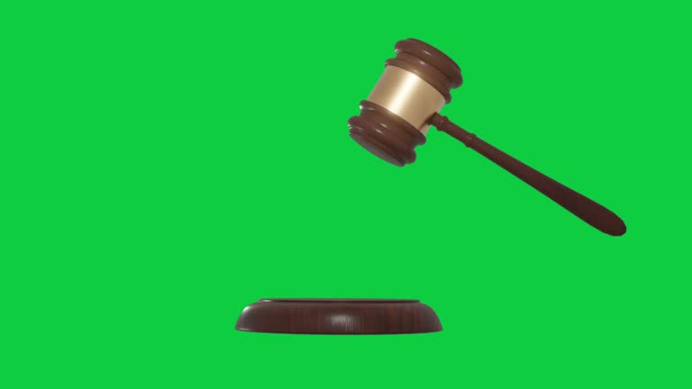 Closeup of striking wooden judge gavel, 3D animation, side view