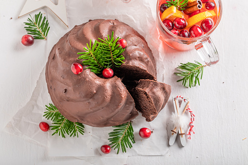 Homemade cake for Christmas with chocolate as perfect dessert. Traditional cake for winter holiday.