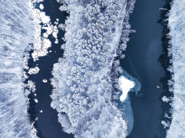 istock Flying above river flowing in snow-covered forest in winter, Poland. 1444755007