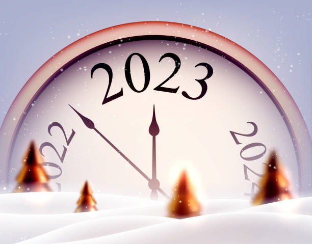 istock Clock showing 2023 in snowdrift with red fir trees. 1444756185