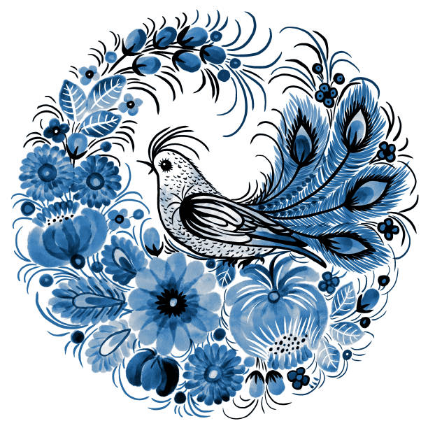 Art_Bird Flowers_Blue Folclórica Ucraniana - ilustração de arte em vetor