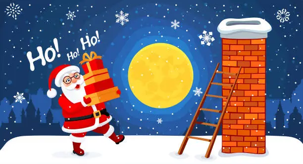 Vector illustration of Happy Santa Claus carrying colorful gift boxes on the top of the roof. Christmas greeting card.