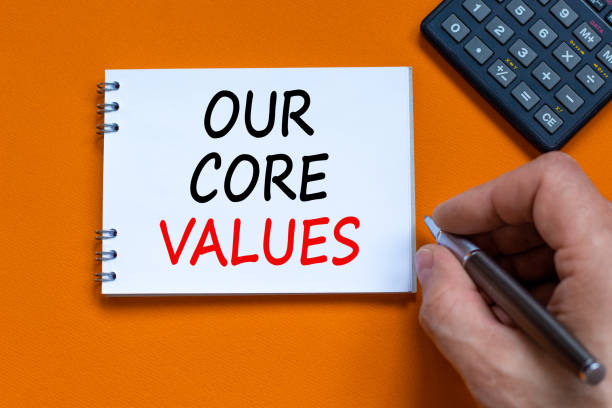 istock Our core values symbol. Businessman writing words 'Our core values' on white note. Black calculator. Beautiful orange background. Business and our core values concept. Copy space. 1444764840