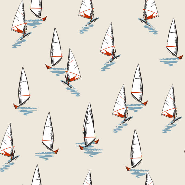 Beautiful hand drawn summer beach wind surfing illustration Beautiful hand drawn summer beach wind surfing illustration in the ocean seamless pattern on vector . sailing background stock illustrations