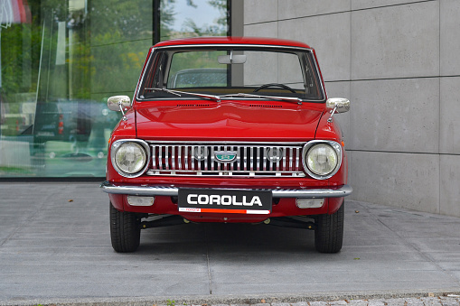 Olsztyn, Poland - 2nd August, 2016: Classic Toyota Corolla I parked on a public parking. The first generation of Corolla was debut in 1966. The Corolla models are the most popular vehicles in the world.