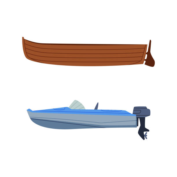 ilustrações, clipart, desenhos animados e ícones de conjunto de transporte aquaviário. vista lateral da ilustração vetorial da lancha e do barco de madeira - vela peça de embarcação