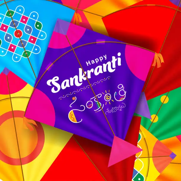 Vector illustration of Happy sankranti written in telugu language on kite. Sankranti wishes with kite decoration
