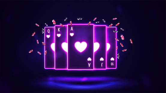 Pink shine neon casino playing cards with poker chips in dark empty scene, poster for your arts