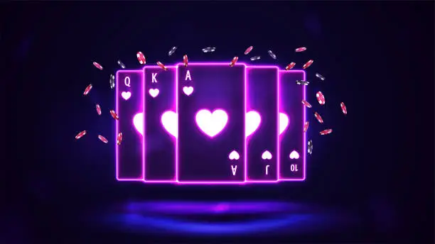 Vector illustration of Pink shine neon casino playing cards with poker chips in dark empty scene, poster for your arts