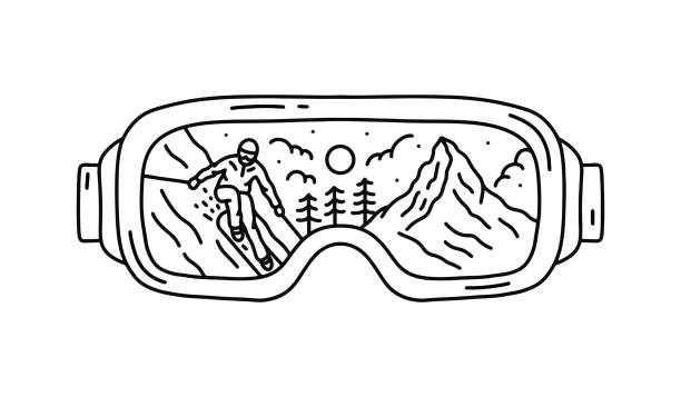 ilustrações, clipart, desenhos animados e ícones de homem de esqui na geleira matterhorn zermatt suíça em óculos de forma de esqui mono linha vetor de design - glacier mountain ice european alps