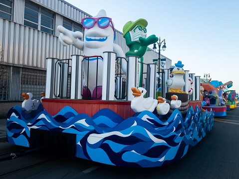 Ducks and toothbrush and toothpaste float  set up in midtown Detroit, Michigan in preparation for the America's Thanksgiving Parade in Detroit, Michigan