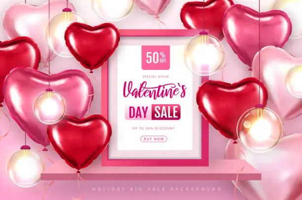 Vector illustration of Happy Valentines Day big sale typography poster with pink  heart shaped balloons. Vector illustration