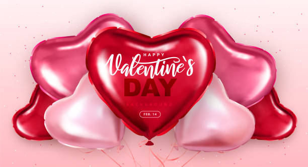 istock Happy Valentines Day  typography poster with pink heart shaped balloons. Vector illustration 1444780856