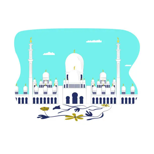Vector illustration of Modern futuristic urban landscape, beautiful arab building cathedral mosque, brick masjid flat vector illustration, isolated on white.