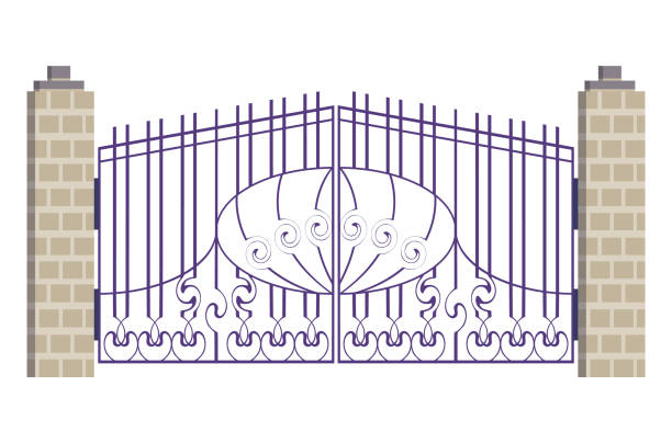 istock Metall protect gates with metal plating, protective timber entrance gateway fence flat vector illustration, isolated on white. 1444787387