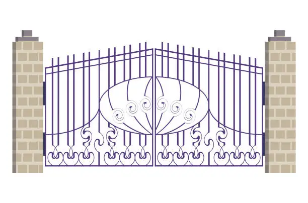 Vector illustration of Metall protect gates with metal plating, protective timber entrance gateway fence flat vector illustration, isolated on white.