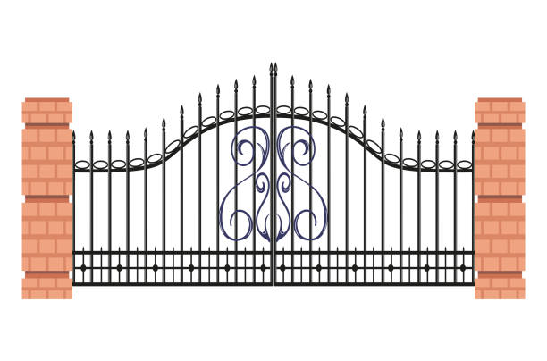 istock Bricks or stone protect gates with metal plating, protective timber entrance gateway fence flat vector illustration, isolated on white. 1444787538