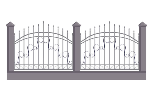 istock Bricks or stone protect gates with metal plating, protective timber entrance gateway fence flat vector illustration, isolated on white. 1444787542