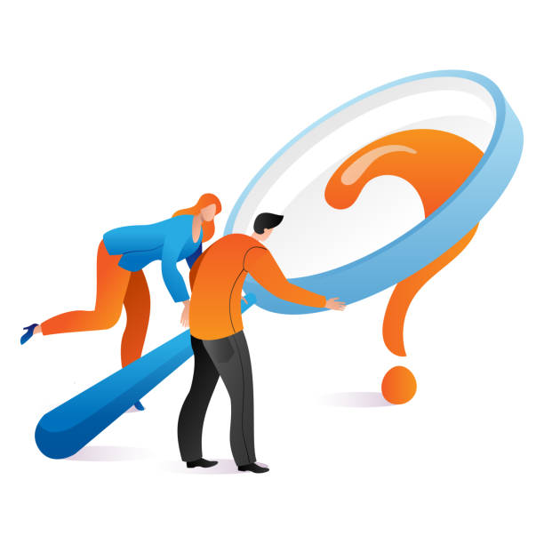istock Woman and man hold magnifying glass, solution business issue, question mark cartoon vector illustration, isolated on white. 1444787604