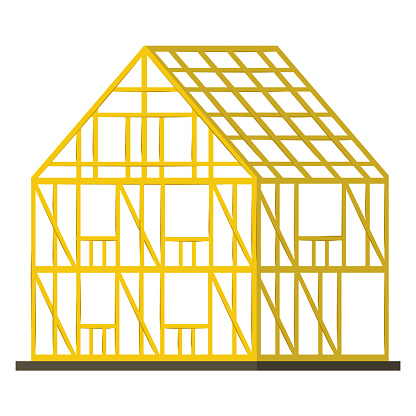 Concept wooden building frame, construction personal household edifice cartoon vector illustration, isolated on white. Architectural engineering cottage skeleton, one story premise icon.