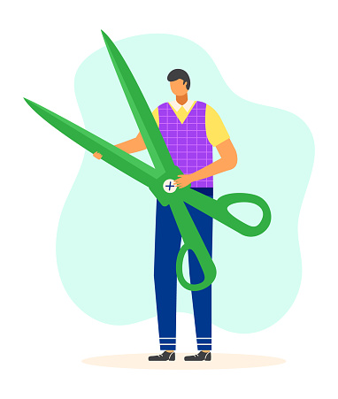 Male tiny character holding and carry large scissors, concept tailor professional worker flat vector illustration, isolated on white. Man clothier keep steel shears, fashion style profession.