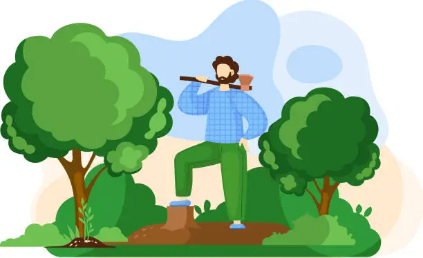 Vector illustration of Lumberjack man with axe in forest, gardener worker in yard. Woodcutter works to cutting down trees