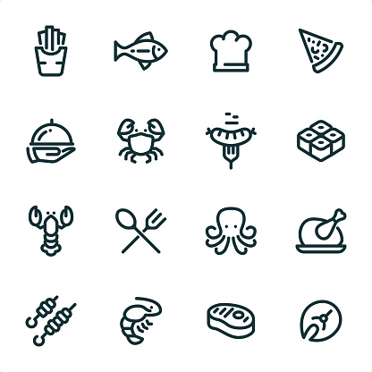 Grilled Food & Seafood icons set #98
Specification: 16 icons, 36x36 pх, stroke weight 2 px
Features: Pixel Perfect, Unicolor, Single line 

First row of icons contains:
French Fries, Fish, Chef's Hat, Pizza;

Second row contains:
Serving Tray in Human hand, Crab, Grilled Sausage on Fork, Sushi;

Third row contains:
Lobster, Restaurant, Octopus - Seafood, Cooked roast chicken;

Fourth row contains:
Kebab, Shrimp - Seafood, Steak, Fish Fillet.

Complete MICO collection - https://www.istockphoto.com/collaboration/boards/UUv7uLop-06yEw9xnOBMNg