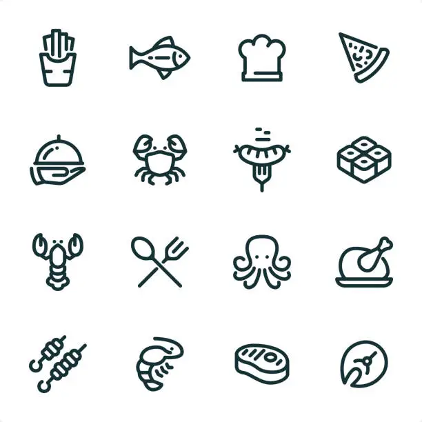 Vector illustration of Grilled Food & Seafood - Pixel Perfect Unicolor line icons