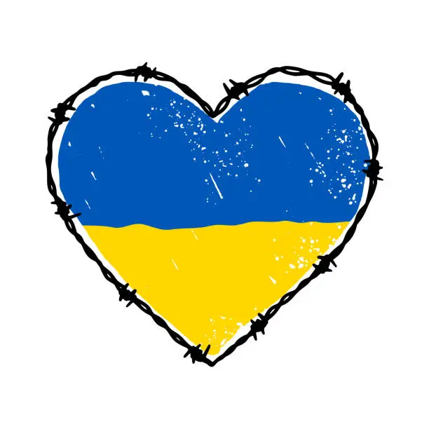 Vector illustration of Barbed wire heart shape in Ukrainian flag blue and yellow colors. Hand drawn vector illustration in sketch style